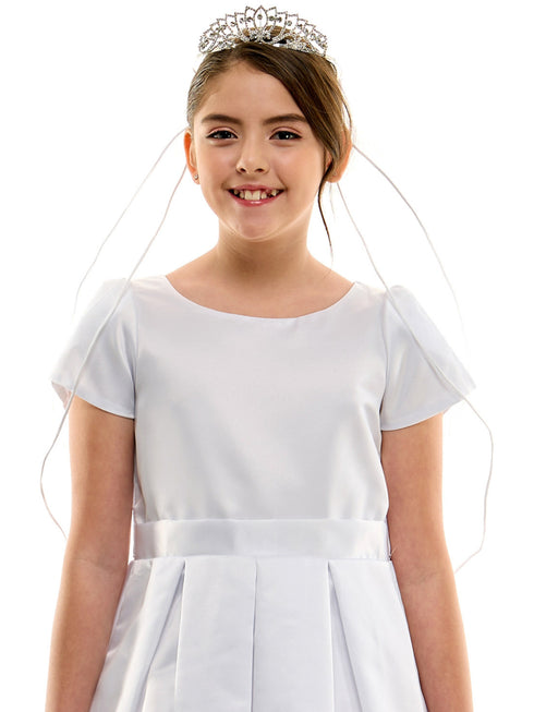 Petite Adele Girls White All Satin First Communion Dress with Cap Sleeve and Pleated Skirt, Sizes 6-12 - SophiasStyle.com