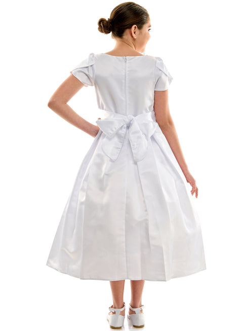 Petite Adele Girls White All Satin First Communion Dress with Cap Sleeve and Pleated Skirt, Sizes 6-12 - SophiasStyle.com