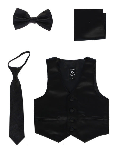 Lito Big Boys Black Satin Vest Zipper Tie Hanky Bowtie Clothing Set 8-14 - SophiasStyle.com
