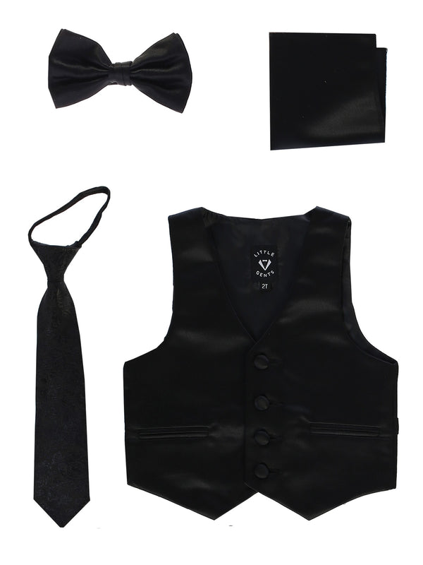 Lito Baby Boys Black Satin Vest Zipper Tie Hanky Bowtie Clothing Set 3-24M - SophiasStyle.com