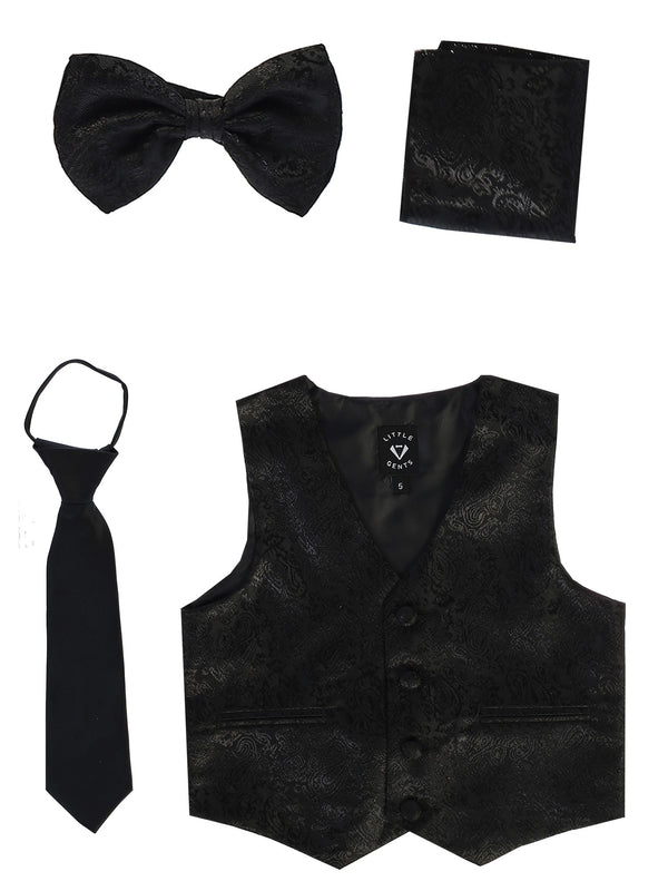 Lito Big Boys Black Paisley Satin Vest Zipper Tie Hanky Bowtie Set 8-14 - SophiasStyle.com