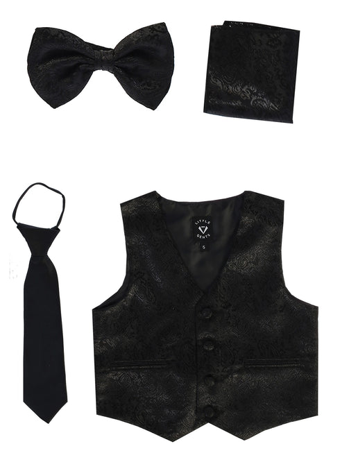 Lito Baby Boys Black Paisley Satin Vest Zipper Tie Hanky Bowtie Set 3-24M - SophiasStyle.com