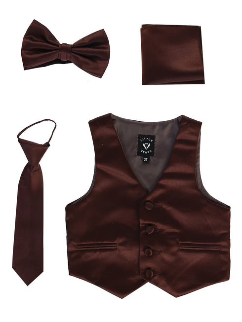 Lito Big Boys Brown Satin Vest Zipper Tie Hanky Bowtie Clothing Set 8-14 - SophiasStyle.com