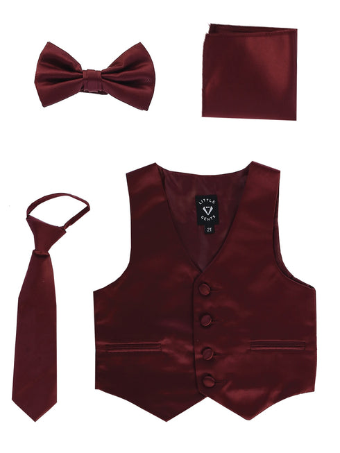 Lito Big Boys Burgundy Satin Vest Zipper Tie Hanky Bowtie Clothing Set 8-14 - SophiasStyle.com