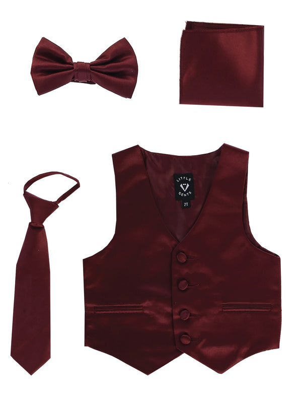 Lito Big Boys Burgundy Satin Vest Zipper Tie Hanky Bowtie Clothing Set 8-14 - SophiasStyle.com
