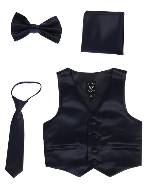 Lito Baby Boys Navy Satin Vest Zipper Tie Hanky Bowtie Clothing Set 3-24M - SophiasStyle.com