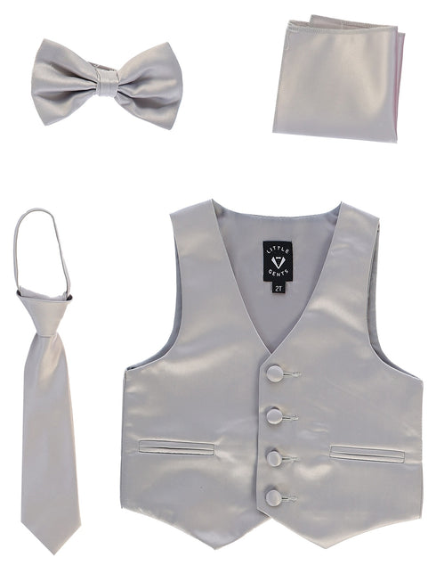 Lito Big Boys Silver Satin Vest Zipper Tie Hanky Bowtie Clothing Set 8-14 - SophiasStyle.com