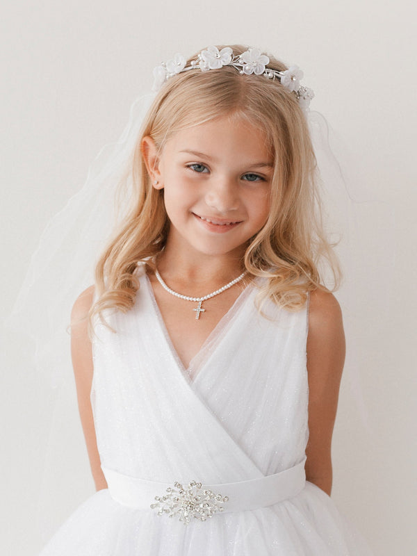 Girls White Stylish Glitter Floral Crown Communion Flower Girl Veil - SophiasStyle.com