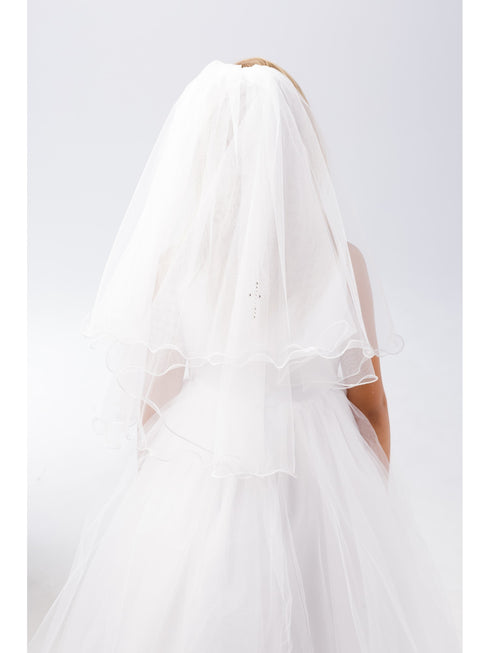 Girls White Glitter Rhinestone Cross Detail Communion Flower Girl Veil - SophiasStyle.com