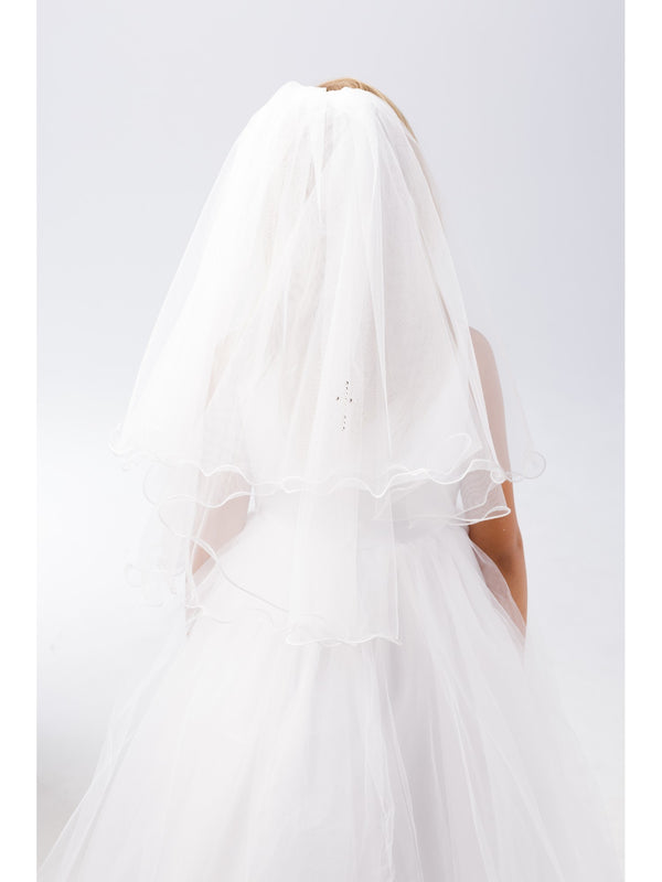 Girls White Glitter Rhinestone Cross Detail Communion Flower Girl Veil - SophiasStyle.com
