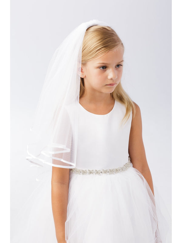 Girls Ivory Satin Bias Detail Elegant Bridal Flower Girl Communion Veil - SophiasStyle.com