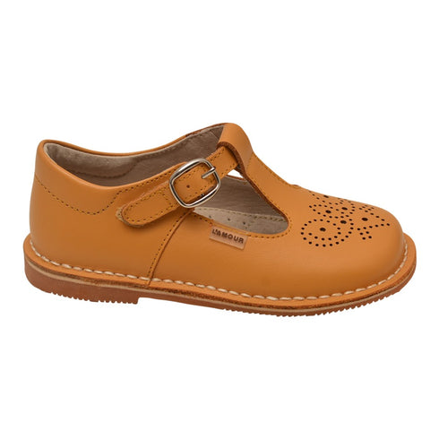 L'Amour Girls Mustard T-Strap Perforated Stitch Down Leather Shoes 11-4 Kids - SophiasStyle.com