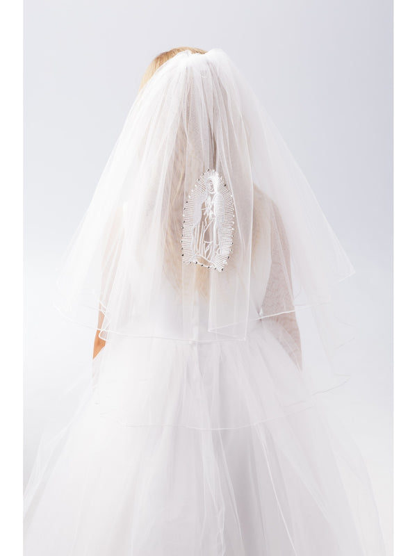 Girls White Virgin Mary First Rhinestone Stylish First Communion Veil - SophiasStyle.com