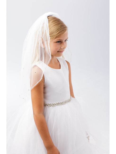 Girls White Pearl Bead Edge Stylish Flower Girl First Communion Veil - SophiasStyle.com