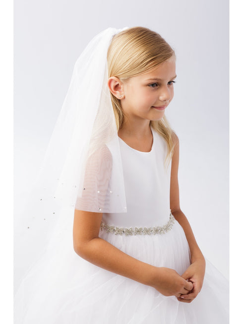 Girls White Scattered Pearl Rhinestone Raw Tulle Edge Flower Girl Communion Veil - SophiasStyle.com