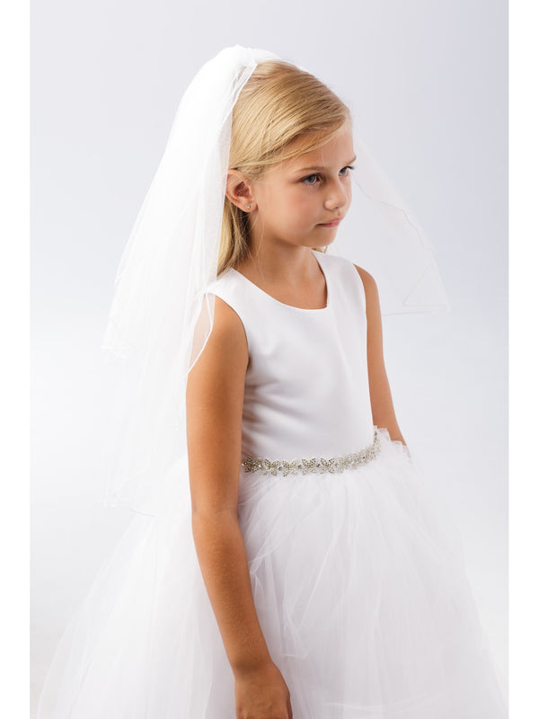 Girls White Simple Corded Edge Stylish Flower Girl Communion Veil - SophiasStyle.com