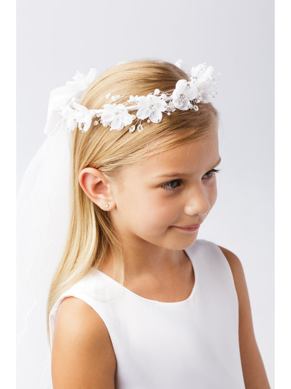Girls White Stylish Floral Decorated Crown Communion Flower Girl Veil - SophiasStyle.com