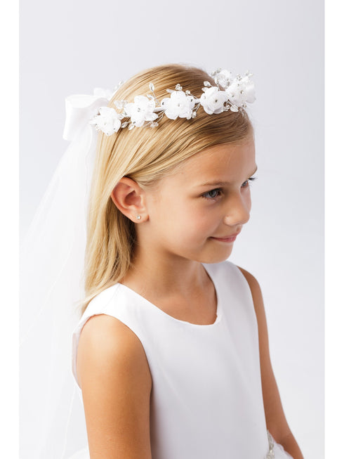 Girls White Beautiful Floral Ornate Crown Communion Flower Girl Veil - SophiasStyle.com