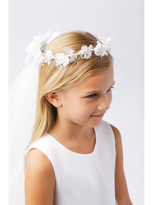 Girls White Shiny Glitter Floral Ornate Crown Communion Flower Girl Veil - SophiasStyle.com
