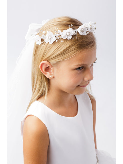 Girls White Pearl Rhinestone Center Floral Crown Communion Flower Girl Veil - SophiasStyle.com