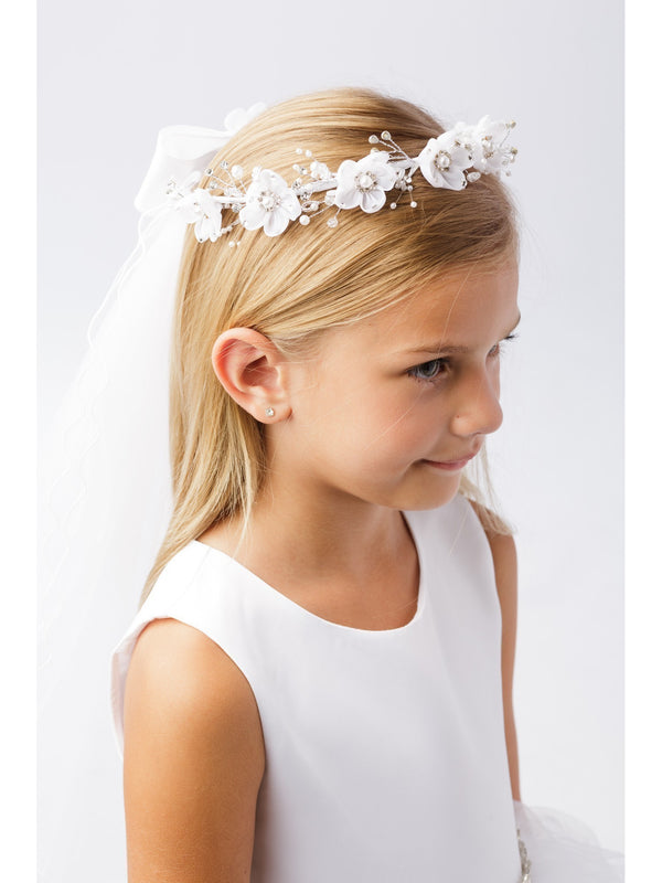 Girls White Pearl Rhinestone Center Floral Crown Communion Flower Girl Veil - SophiasStyle.com