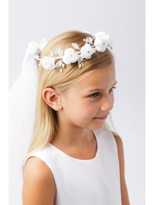 Girls White Rhinestone Center Floral Crown Communion Flower Girl Veil - SophiasStyle.com