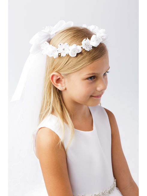 Girls White Elegant Glitter Floral Crown Exquisite Communion Flower Girl Veil - SophiasStyle.com