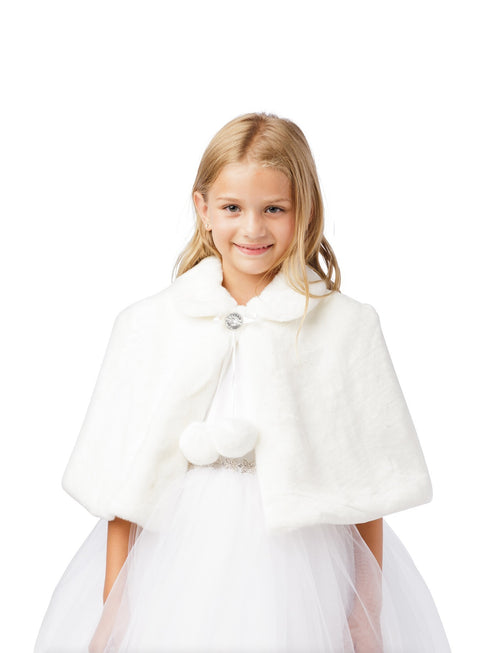 Girls Off-White Plush Fur Glitter Single Button Closure Soft Cape 5-16 - SophiasStyle.com