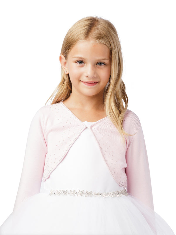 Little Girls Pink Long Sleeve Beaded Button Closure Knit Bolero Cardigan 2-6 - SophiasStyle.com