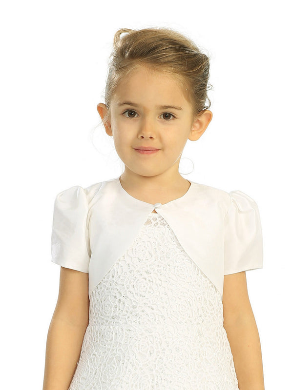 Big Girls Ivory Single Button Short Sleeve Taffeta Bolero Jacket 8-14 - SophiasStyle.com