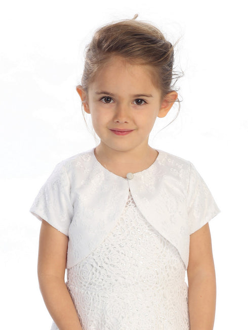 Big Girls White Single Button Short Sleeve Lace Stylish Bolero Jacket 8-14 - SophiasStyle.com