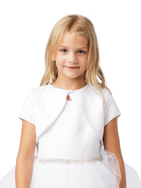 Big Girls White Short Sleeved Pearl Embellished Satin Bolero Jacket 8-16 - SophiasStyle.com