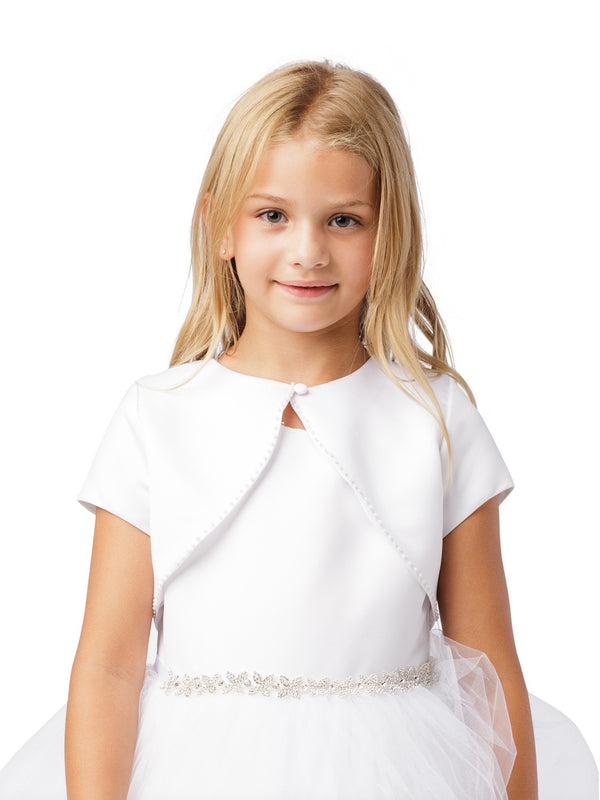 Big Girls White Short Sleeved Pearl Embellished Satin Bolero Jacket 8-16 - SophiasStyle.com