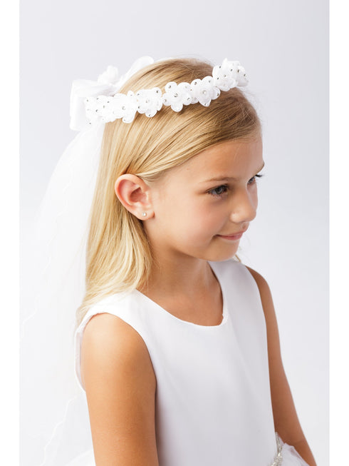 Girls White Rhinestone Floral Ribbon Back Crown Communion Flower Girl Veil - SophiasStyle.com