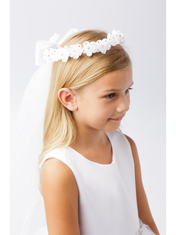 Girls White Rhinestone Floral Ribbon Back Crown Communion Flower Girl Veil - SophiasStyle.com