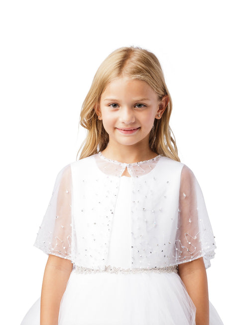 Girls White Bead Work Embellished Translucent Elegant Mesh Cape 5-16 - SophiasStyle.com