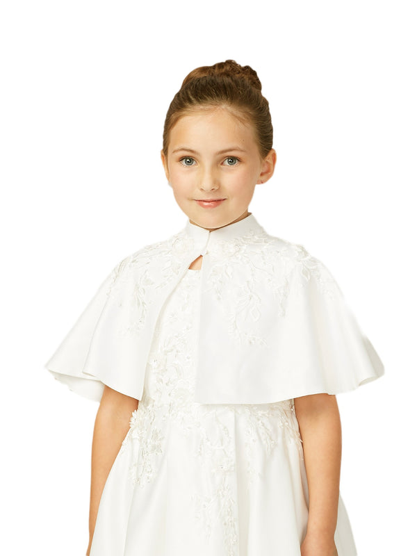 Tip Top Kids Little Girls Ivory Satin Floral Embroidered Applique Cape 2-14 - SophiasStyle.com
