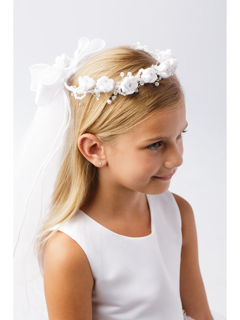 Girls White Sparkle Floral Ribbon Back Crown Communion Flower Girl Veil - SophiasStyle.com