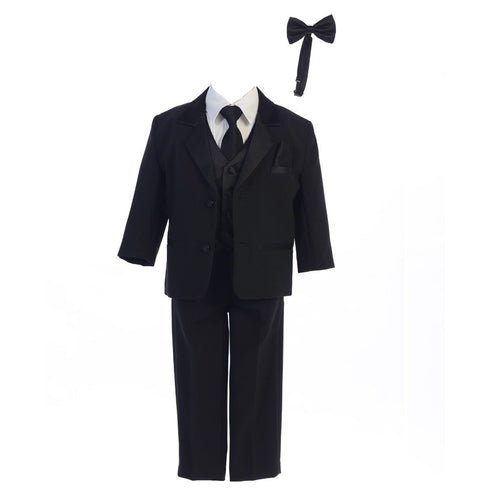 Boys Black Dinner Jacket Vest Bow Tie Zipper Tie Shirt Pant Tuxedo 2T-7 - SophiasStyle.com