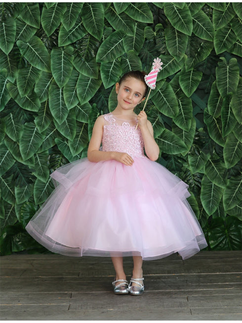 Big Girls Blush Illusion Neckline Lace Organza Junior Bridesmaid Dress 8-16 - SophiasStyle.com