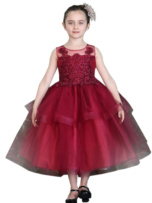Big Girls Burgundy Illusion Neckline Lace Organza Junior Bridesmaid Dress 8-16 - SophiasStyle.com