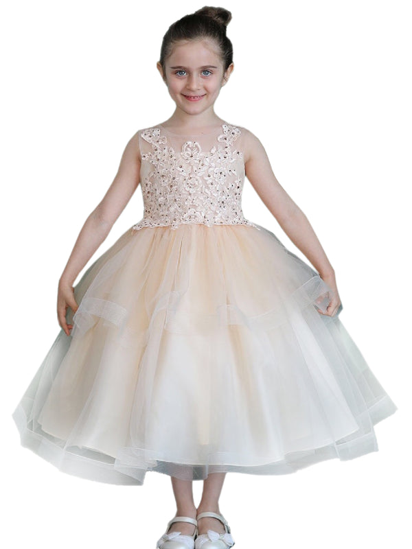Little Girls Champagne Illusion Neckline Lace Organza Flower Girl Dress 2-6 - SophiasStyle.com