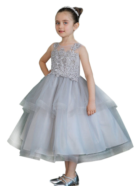 Little Girls Silver Illusion Neckline Lace Organza Flower Girl Dress 2-6 - SophiasStyle.com