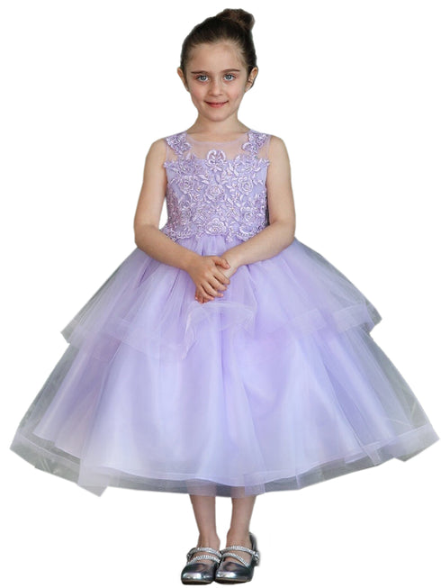 Big Girls Lilac Illusion Neckline Lace Organza Junior Bridesmaid Dress 8-16 - SophiasStyle.com
