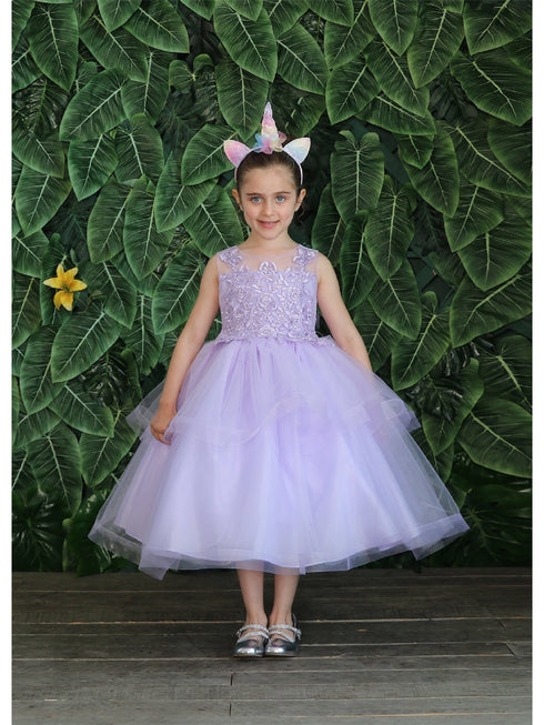 Big Girls Lilac Illusion Neckline Lace Organza Junior Bridesmaid Dress 8-16 - SophiasStyle.com