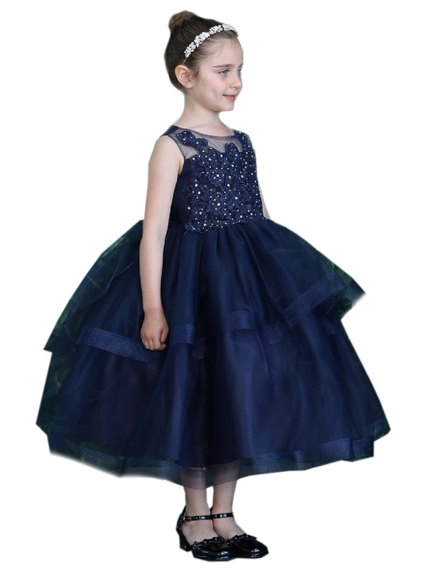 Little Girls Navy Illusion Neckline Lace Organza Flower Girl Dress 2-6 - SophiasStyle.com