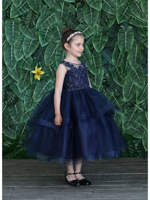 Little Girls Navy Illusion Neckline Lace Organza Flower Girl Dress 2-6 - SophiasStyle.com