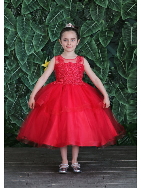 Little Girls Red Illusion Neckline Lace Organza Flower Girl Dress 2-6 - SophiasStyle.com
