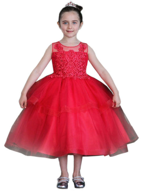 Big Girls Red Illusion Neckline Lace Organza Junior Bridesmaid Dress 8-16 - SophiasStyle.com