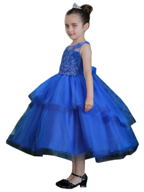 Big Girls Royal Blue Illusion Neckline Lace Organza Junior Bridesmaid Dress 8-16 - SophiasStyle.com